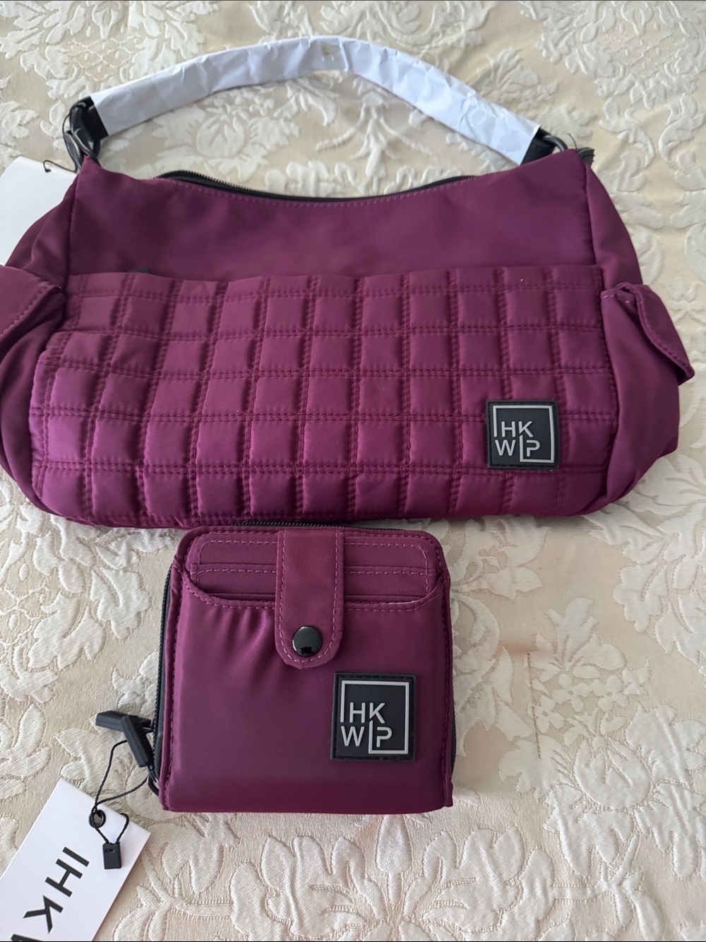 HKWP Quilted Shoulder Bag and Matching Wallet in Plum Tone
